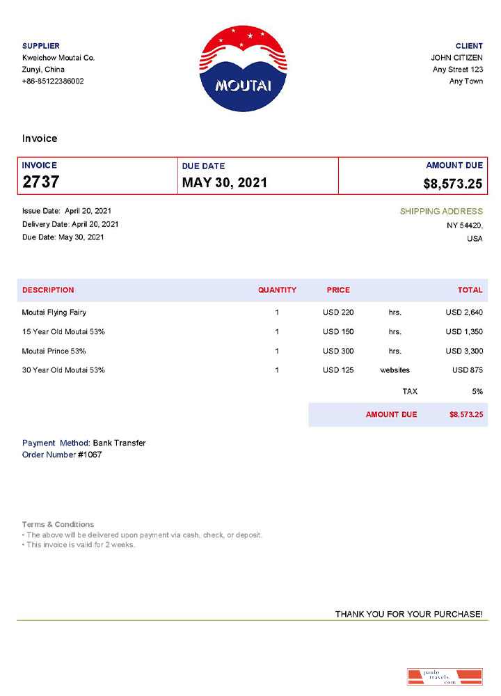 USA Moutai invoice template PSD template